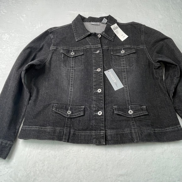 Chico's Jackets & Blazers - Chico's Platinum Marquis Black Denim Jacket Size 3 NWT Faded Stretch Trucker